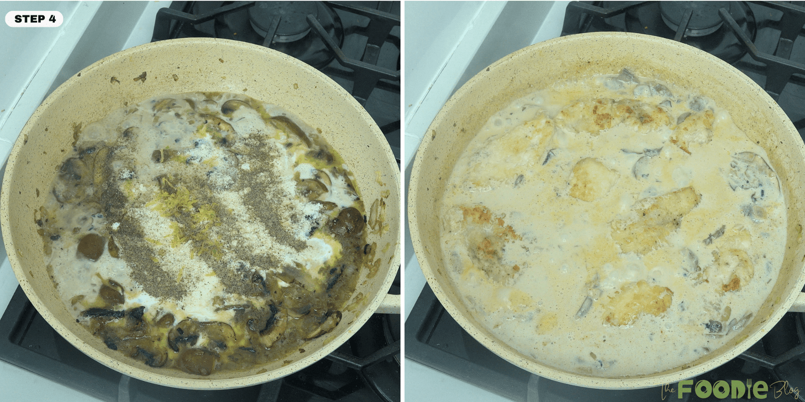 Cream, seasoning, and chicken added back to the skillet for creamy mushroom chicken