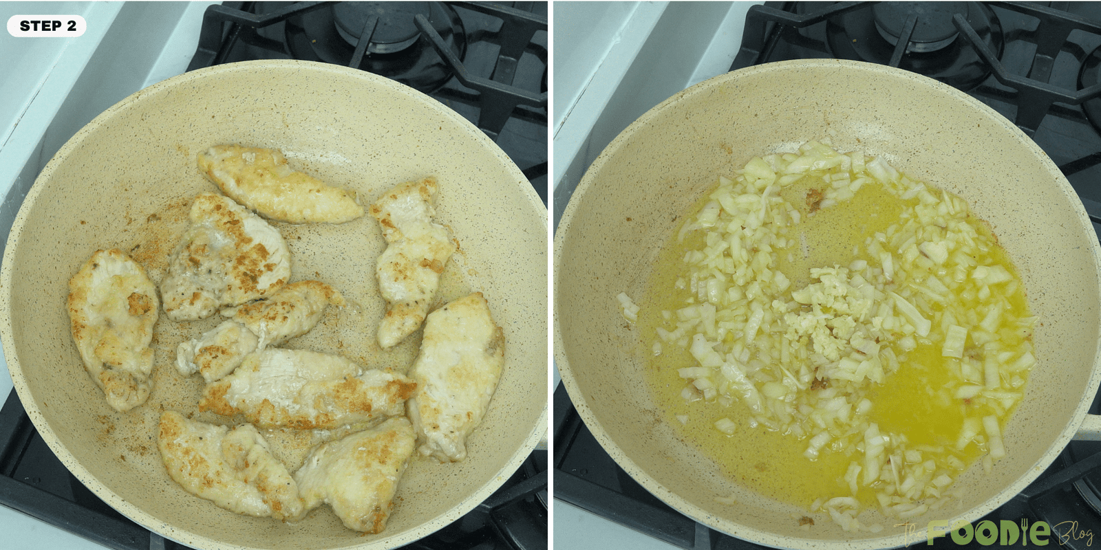 Chicken browning in a skillet and chopped onion with garlic cooking in butter and oil