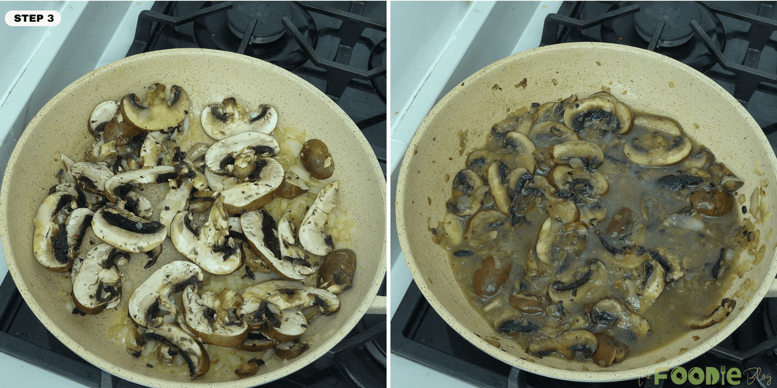 Sliced mushrooms cooking with onion in a skillet, then simmering after liquid is added