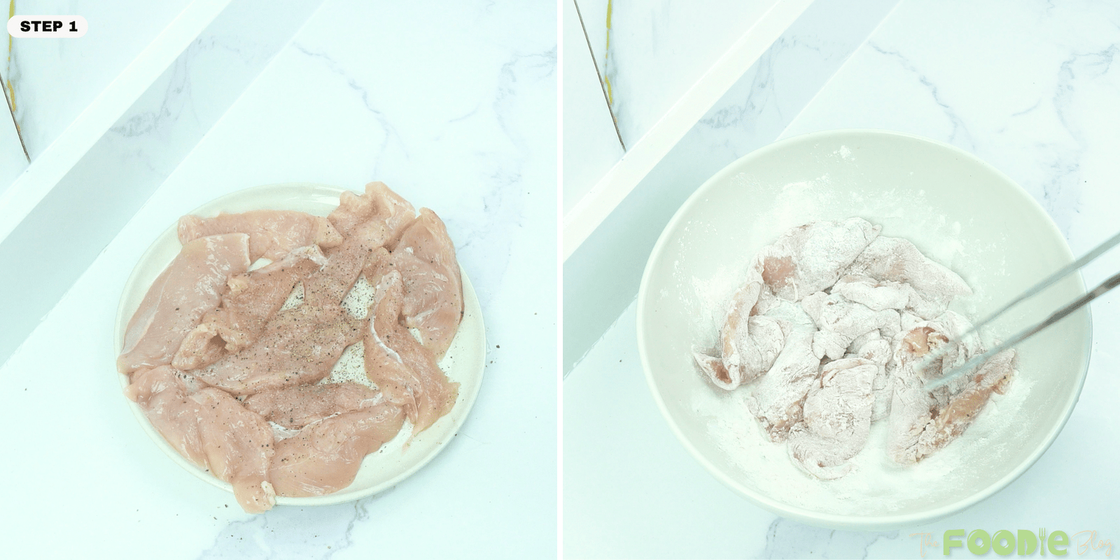 Chicken breasts seasoned with salt and pepper, then coated in flour for creamy mushroom chicken