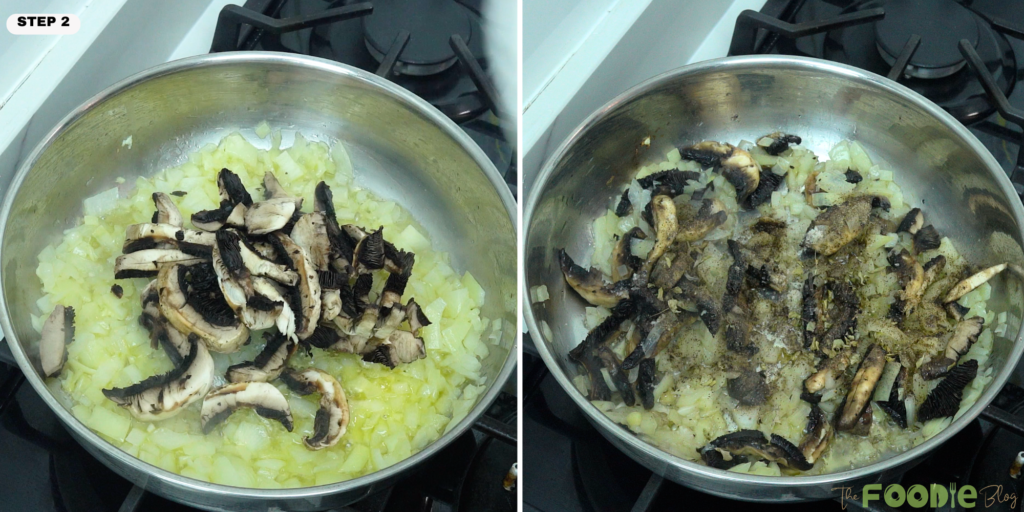 mushrooms added to sautéed onion in a skillet with seasoning