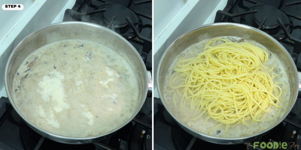 Parmesan added to creamy mushroom sauce and pasta placed into the skillet