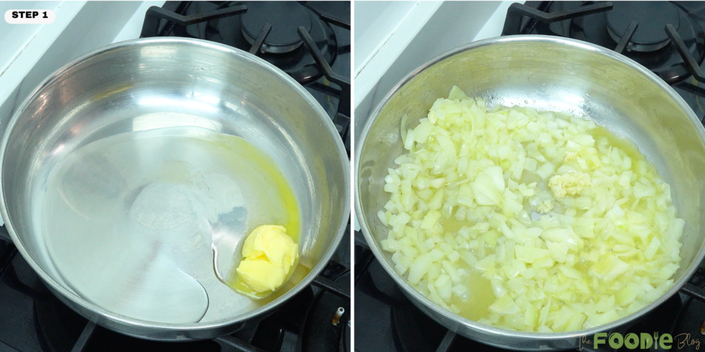 butter and olive oil in a pan with chopped onion and garlic cooking