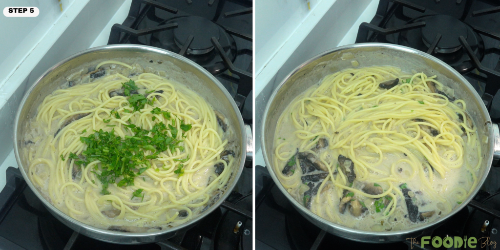 creamy mushroom pasta in the skillet with chopped parsley added on top
