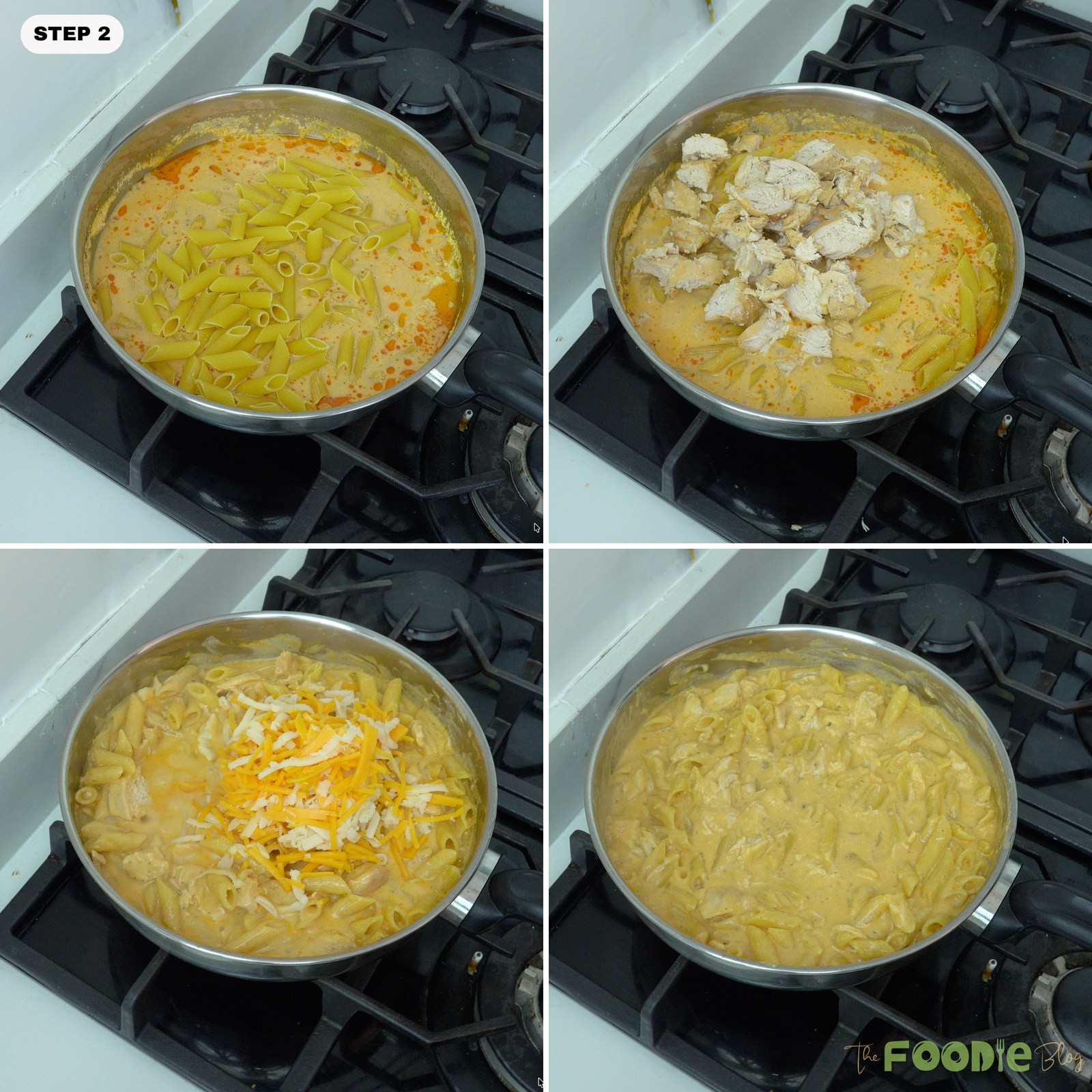 Step-by-step collage showing penne pasta, cooked chicken, shredded cheese, and green onions stirred into creamy Buffalo sauce.