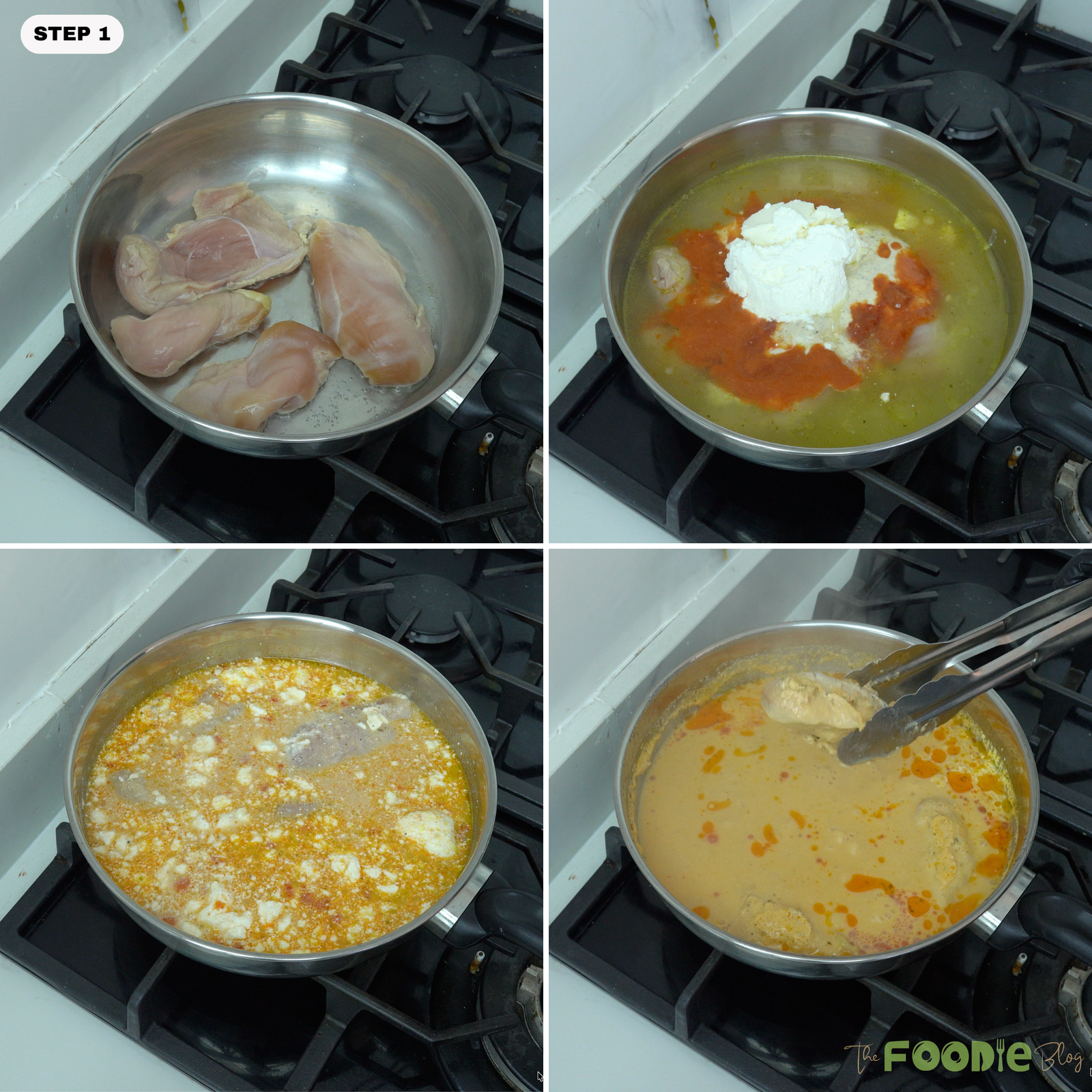 Step-by-step collage showing chicken breasts in a pan with broth, Buffalo sauce, ranch dressing, and cream cheese cooking into a creamy sauce.