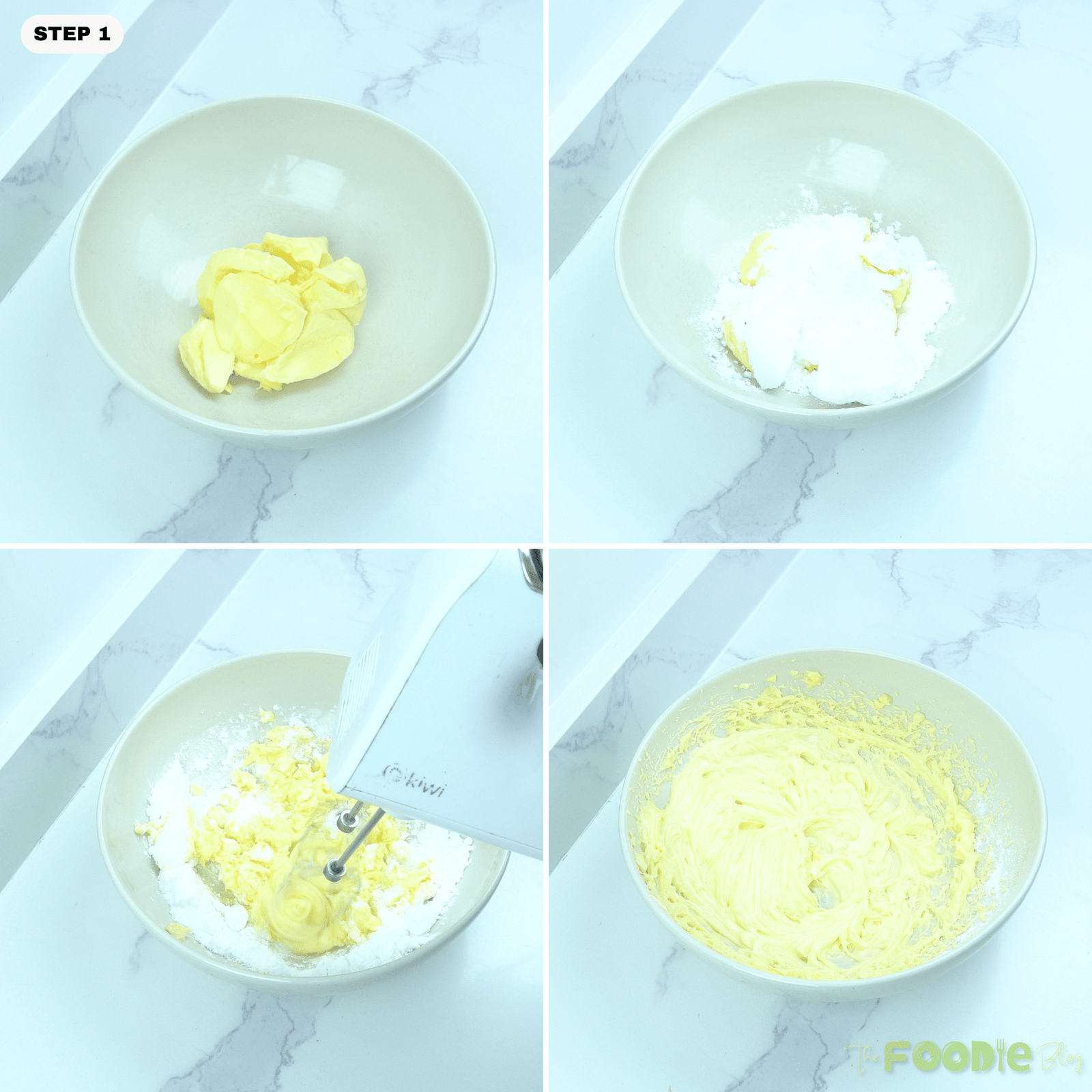 Butter and powdered sugar being mixed until pale and creamy in a bowl