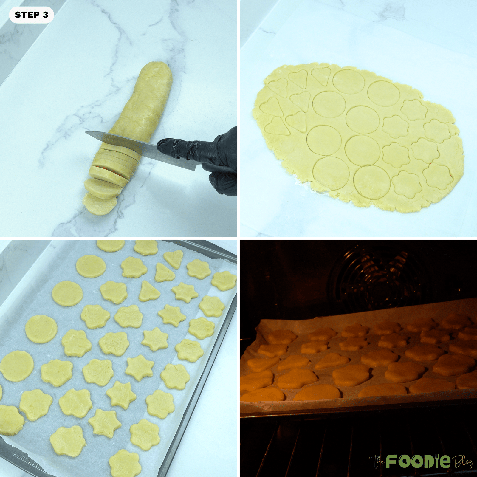 Butter cookie dough sliced and cut into shapes, then arranged on a baking sheet before baking