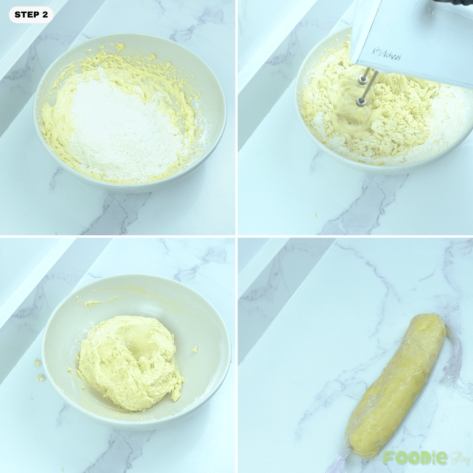 Flour being mixed into the butter mixture and the dough wrapped into a log for chilling