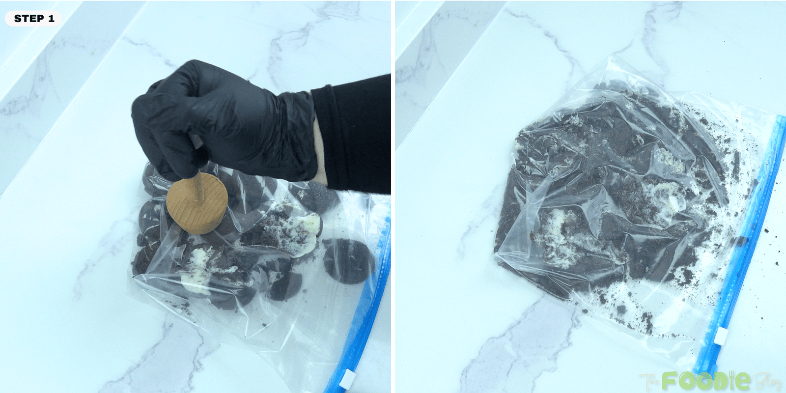 Oreo cookies being crushed inside a zip-top bag for easy homemade Oreo ice cream