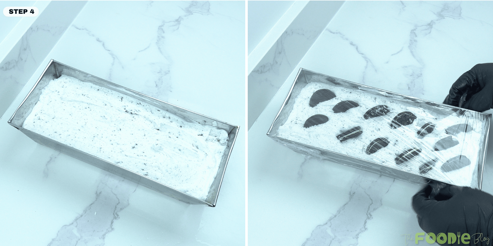 Oreo ice cream mixture spread in a loaf pan and topped with Oreo cookie pieces before freezing