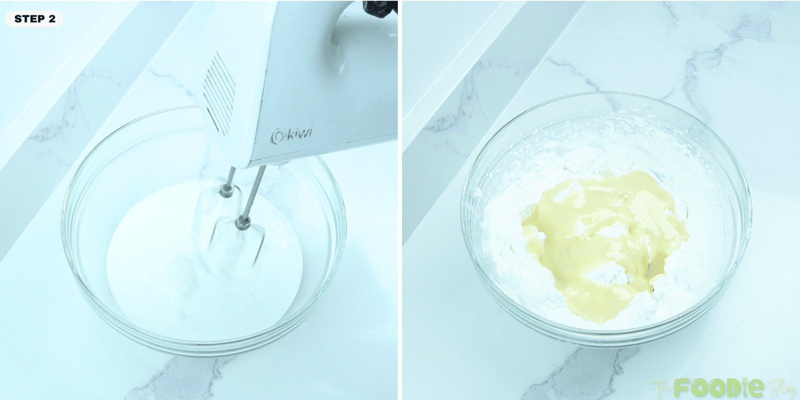 Heavy cream being whipped in a bowl and sweetened condensed milk added to the whipped cream