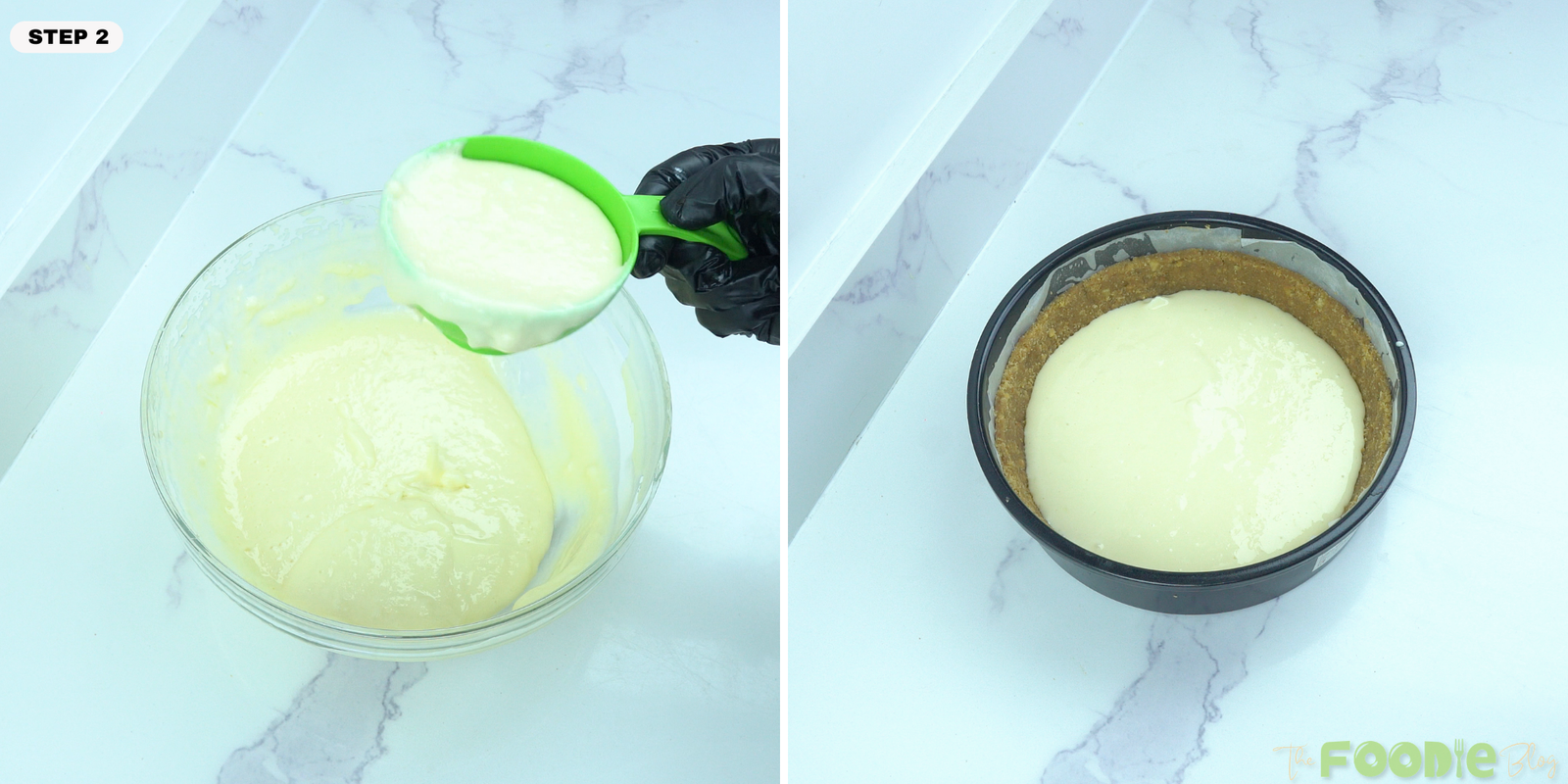 Step-by-step collage showing plain cheesecake batter being scooped and poured into a graham cracker crust.