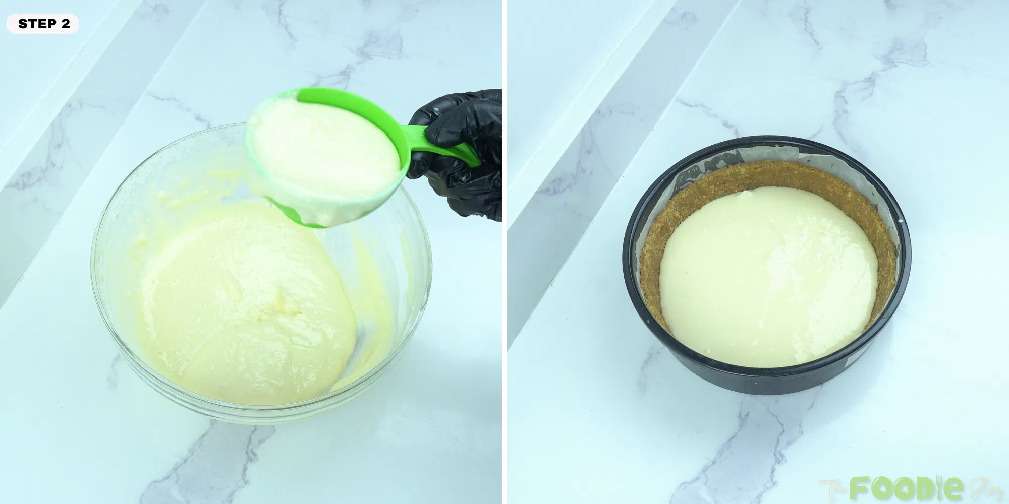 Step-by-step collage showing plain cheesecake batter being scooped and poured into a graham cracker crust.