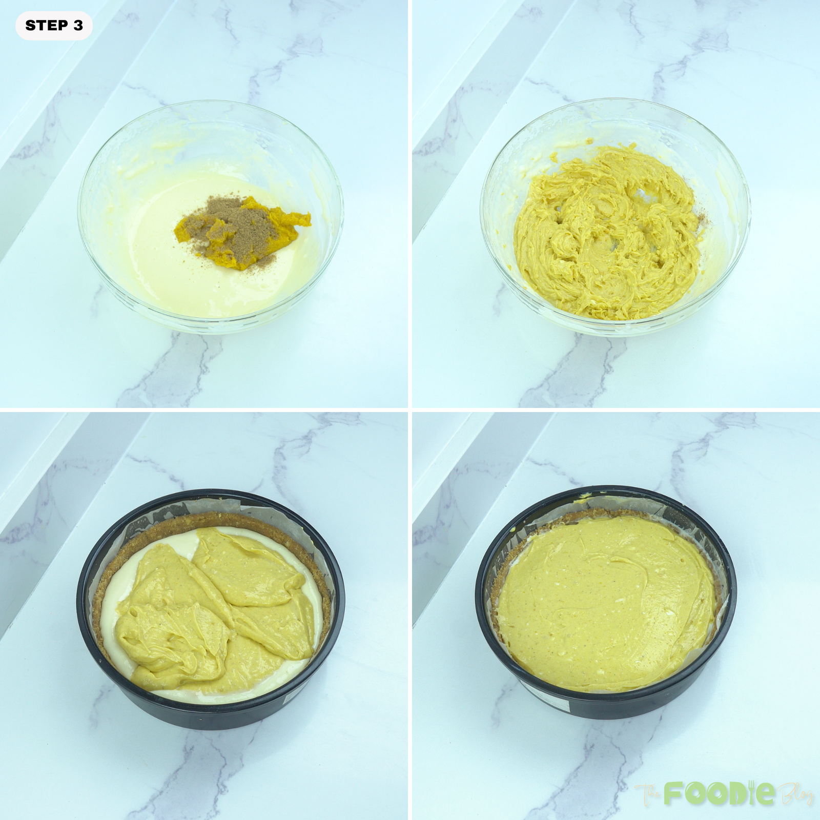 Step-by-step collage showing pumpkin puree and pumpkin spice mixed into cheesecake batter, then spread over the plain cheesecake layer.