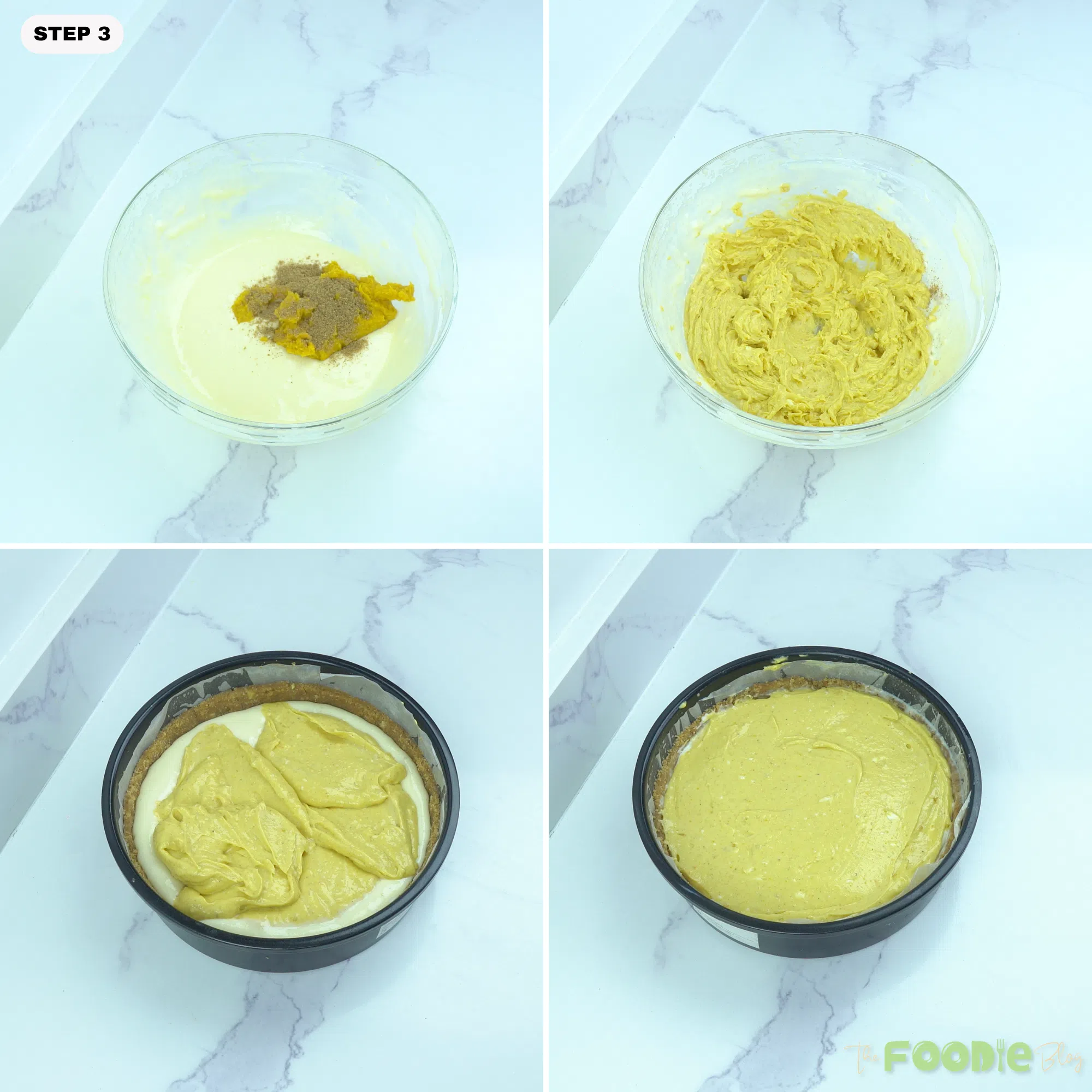 Step-by-step collage showing pumpkin puree and pumpkin spice mixed into cheesecake batter, then spread over the plain cheesecake layer.