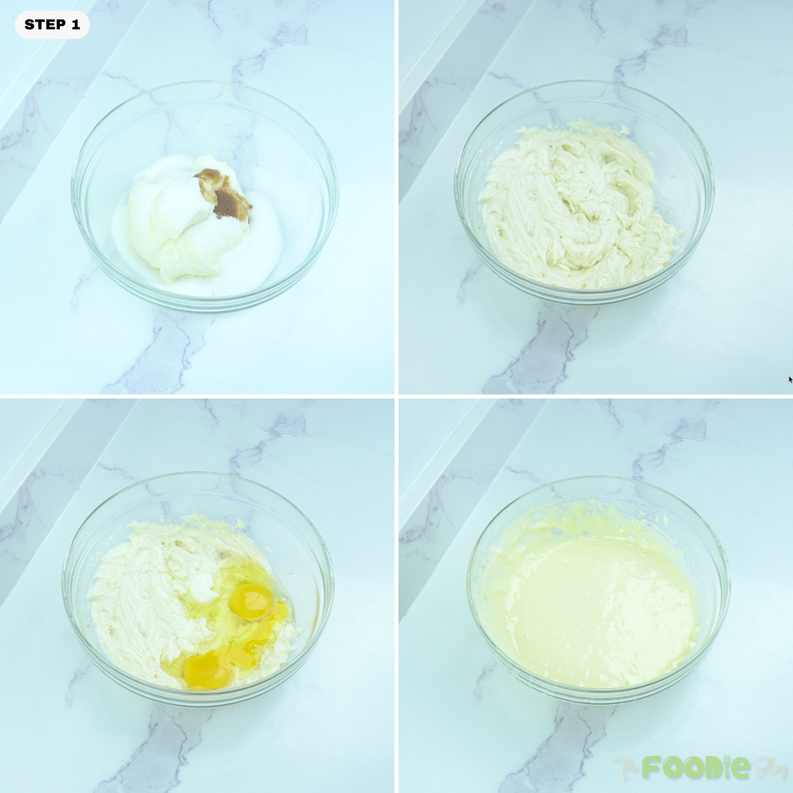 Step-by-step collage showing cream cheese, sugar, and vanilla mixed together, then eggs added to make smooth cheesecake batter.