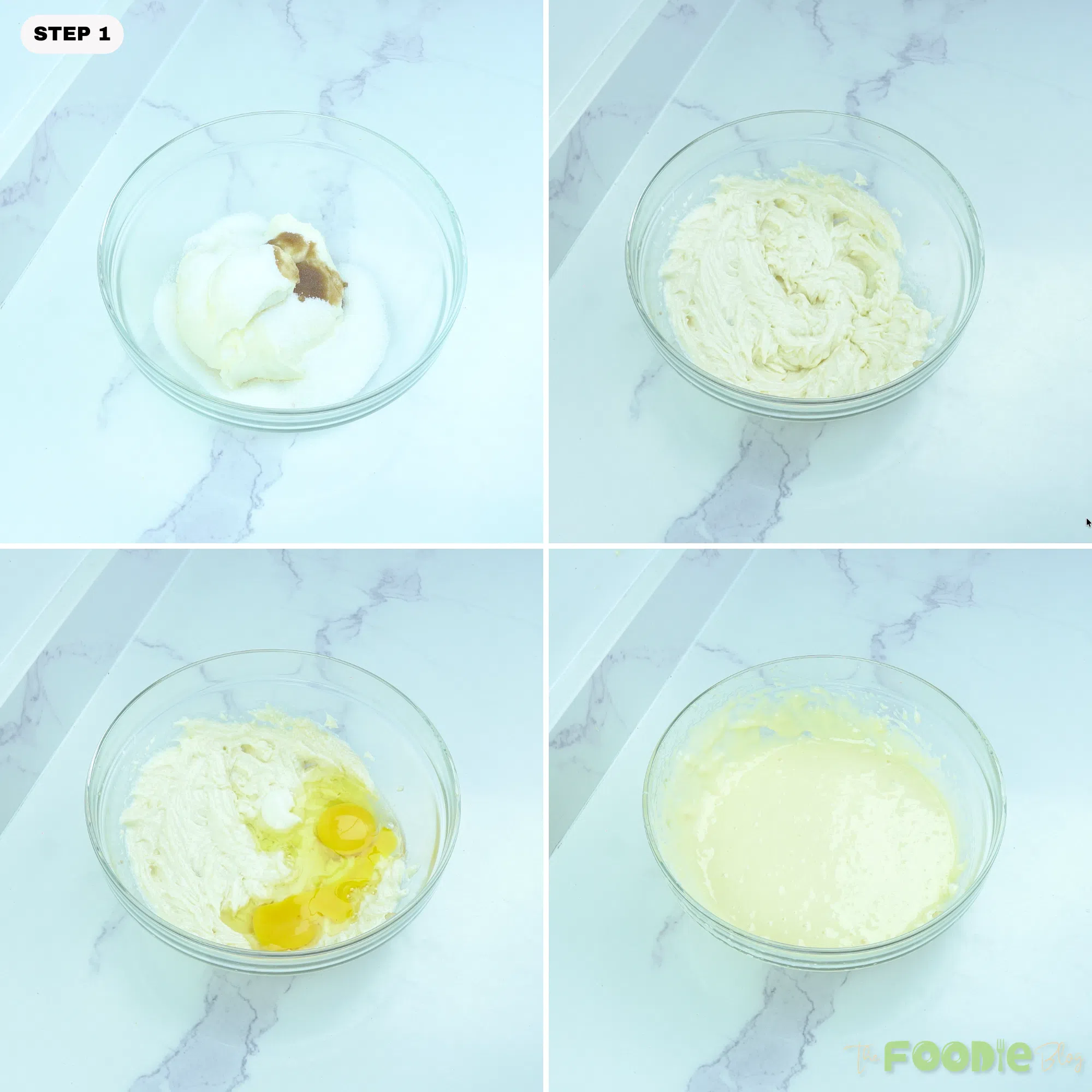 Step-by-step collage showing cream cheese, sugar, and vanilla mixed together, then eggs added to make smooth cheesecake batter.