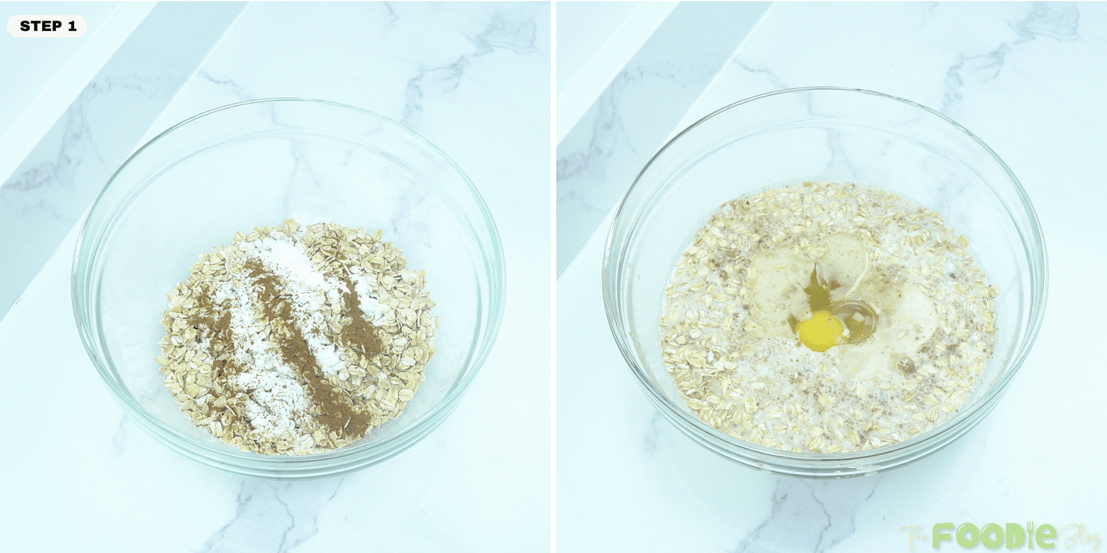 Rolled oats, cinnamon, and baking powder in a glass bowl beside the wet ingredients added to the oat mixture
