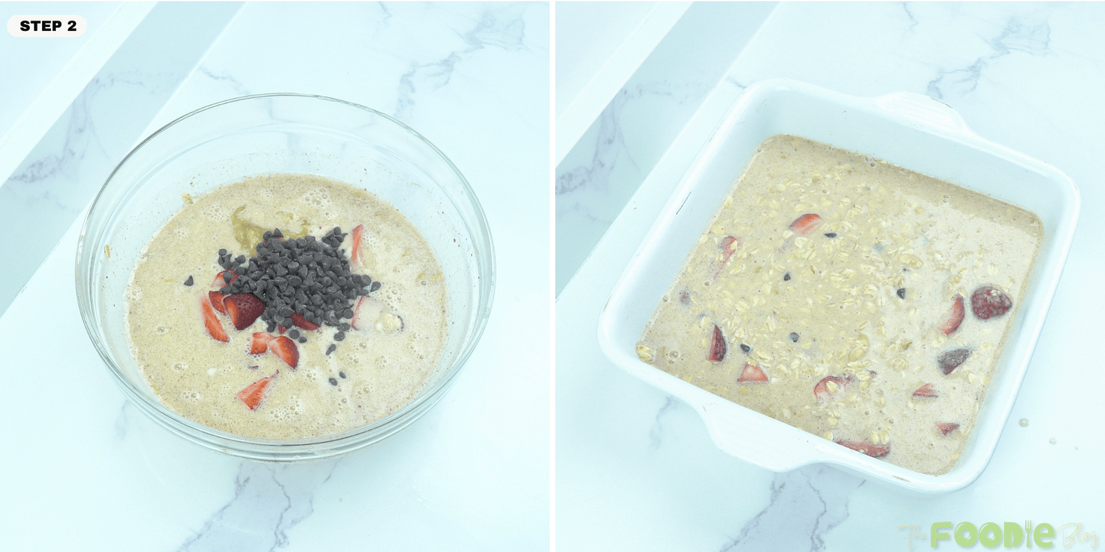 Glass bowl of oatmeal mixture with strawberries and chocolate chips next to a white baking dish filled with the mixture