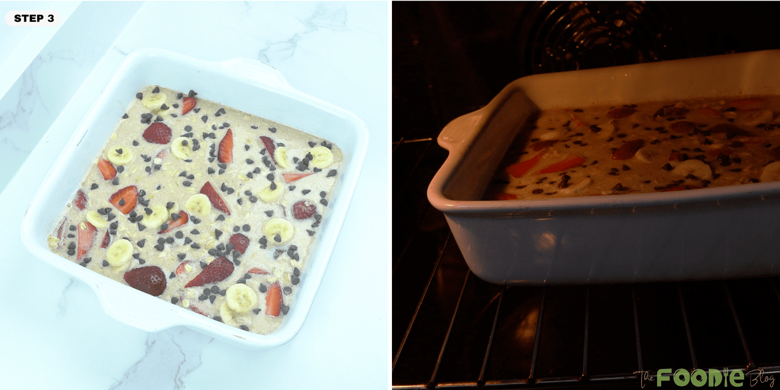 White baking dish filled with strawberry banana baked oatmeal mixture topped with sliced bananas, strawberries, and chocolate chips before baking
