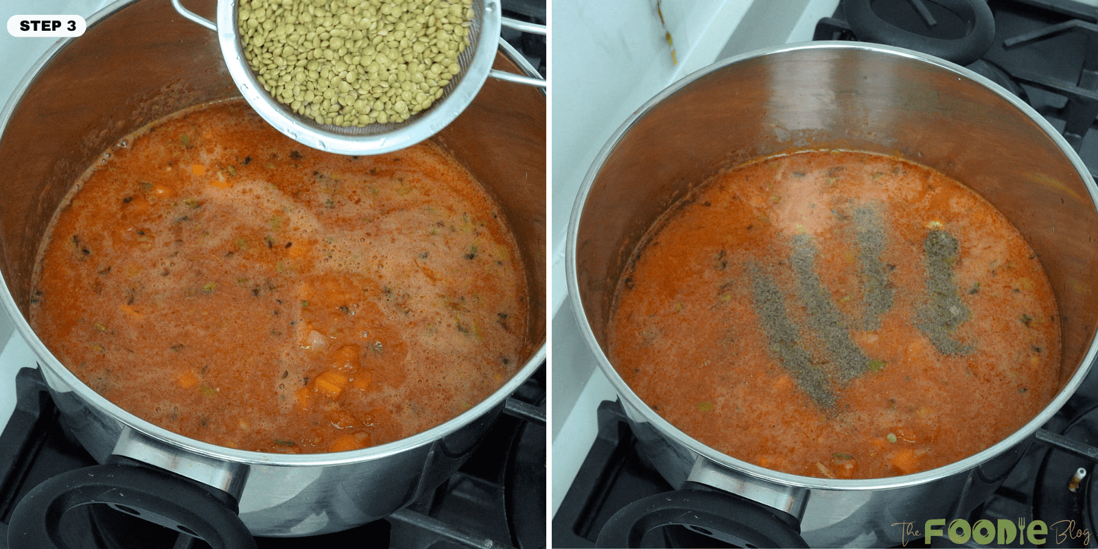 Rinsed lentils and black pepper being added to the soup pot before simmering