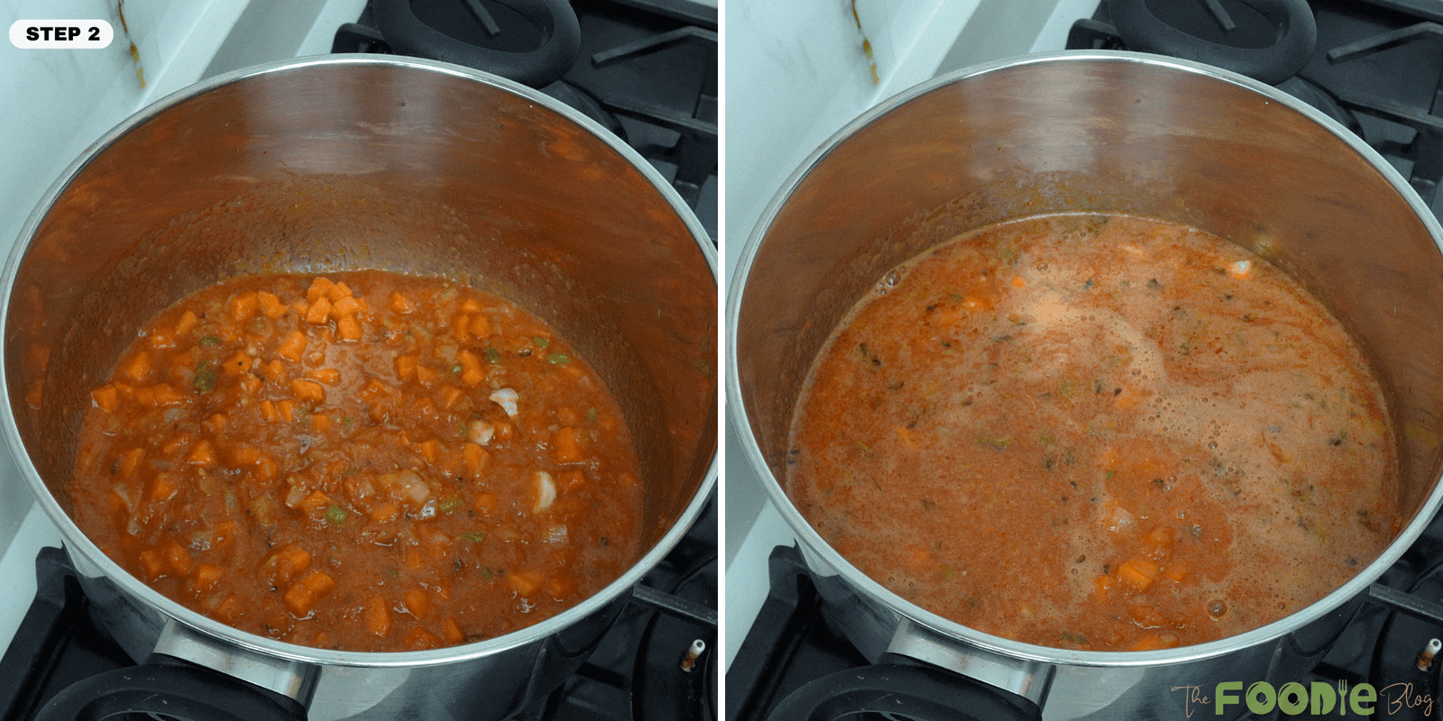 Tomato mixture thickening in a pot before vegetable stock is added for lentil soup