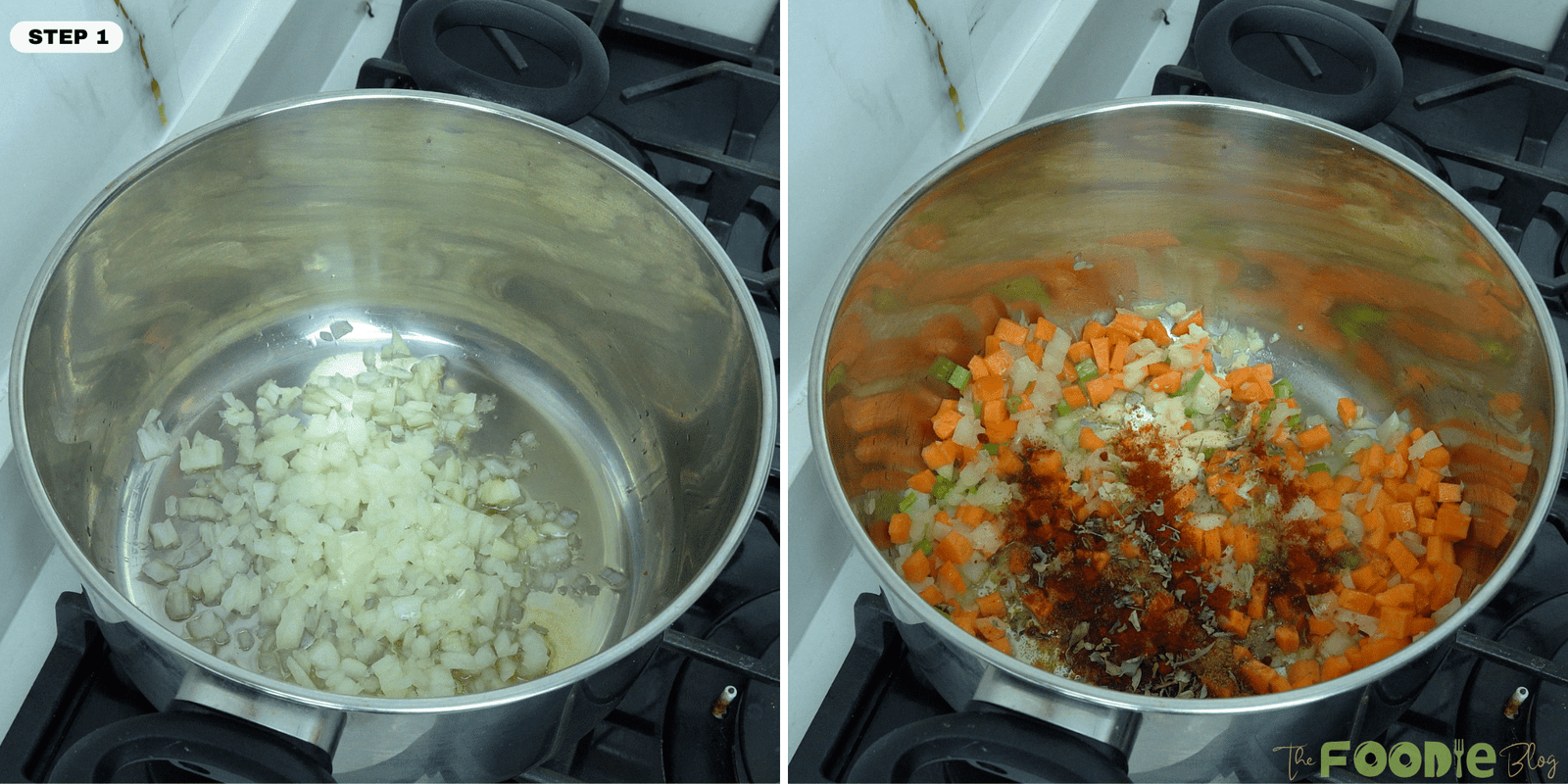 Onion, carrots, celery, garlic, and spices cooking together in a soup pot Onion, carrots, celery, garlic, and spices cooking together in a soup pot