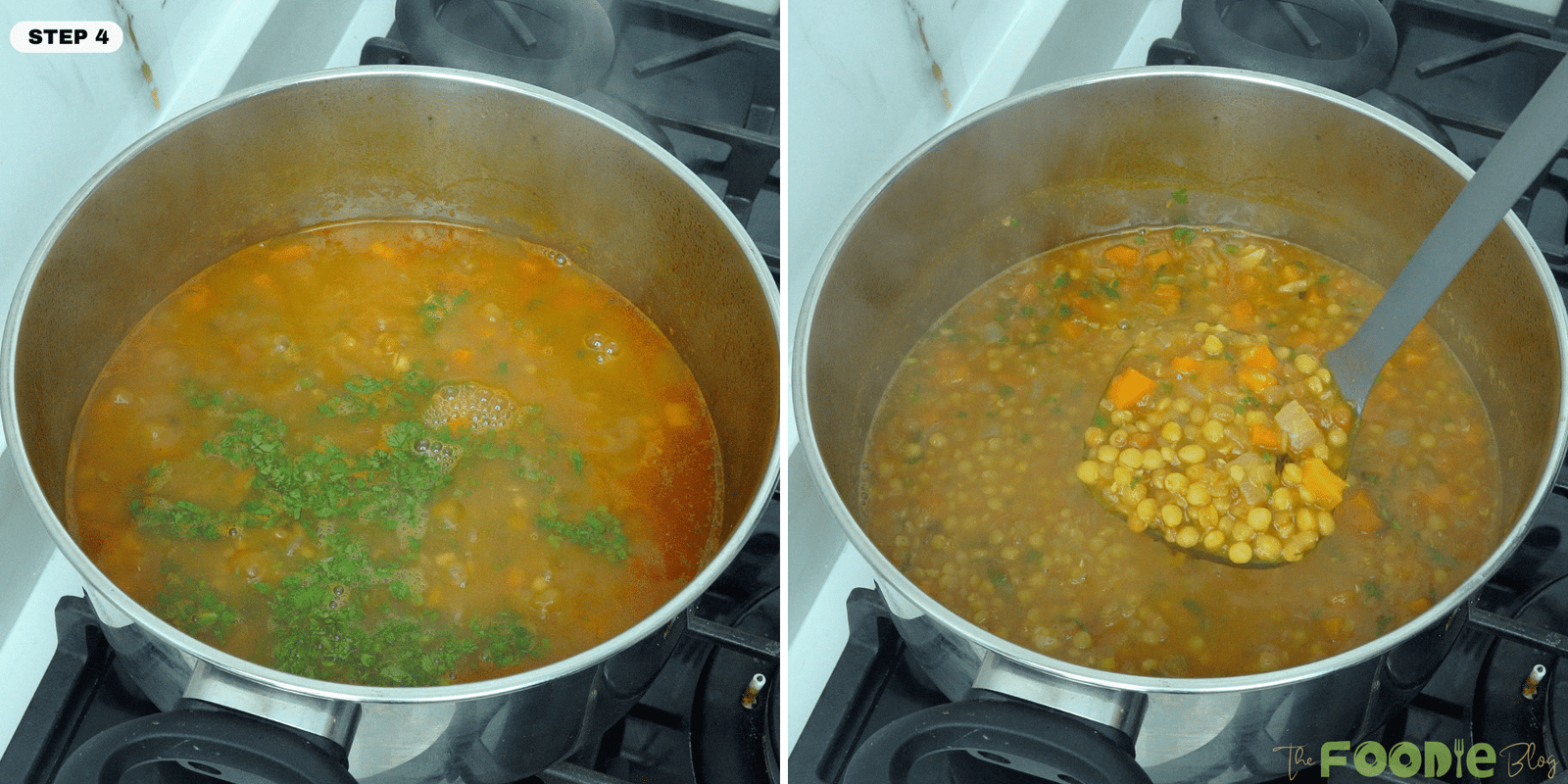 Chopped herbs added to lentil soup in a pot with a spoon lifting the finished soup