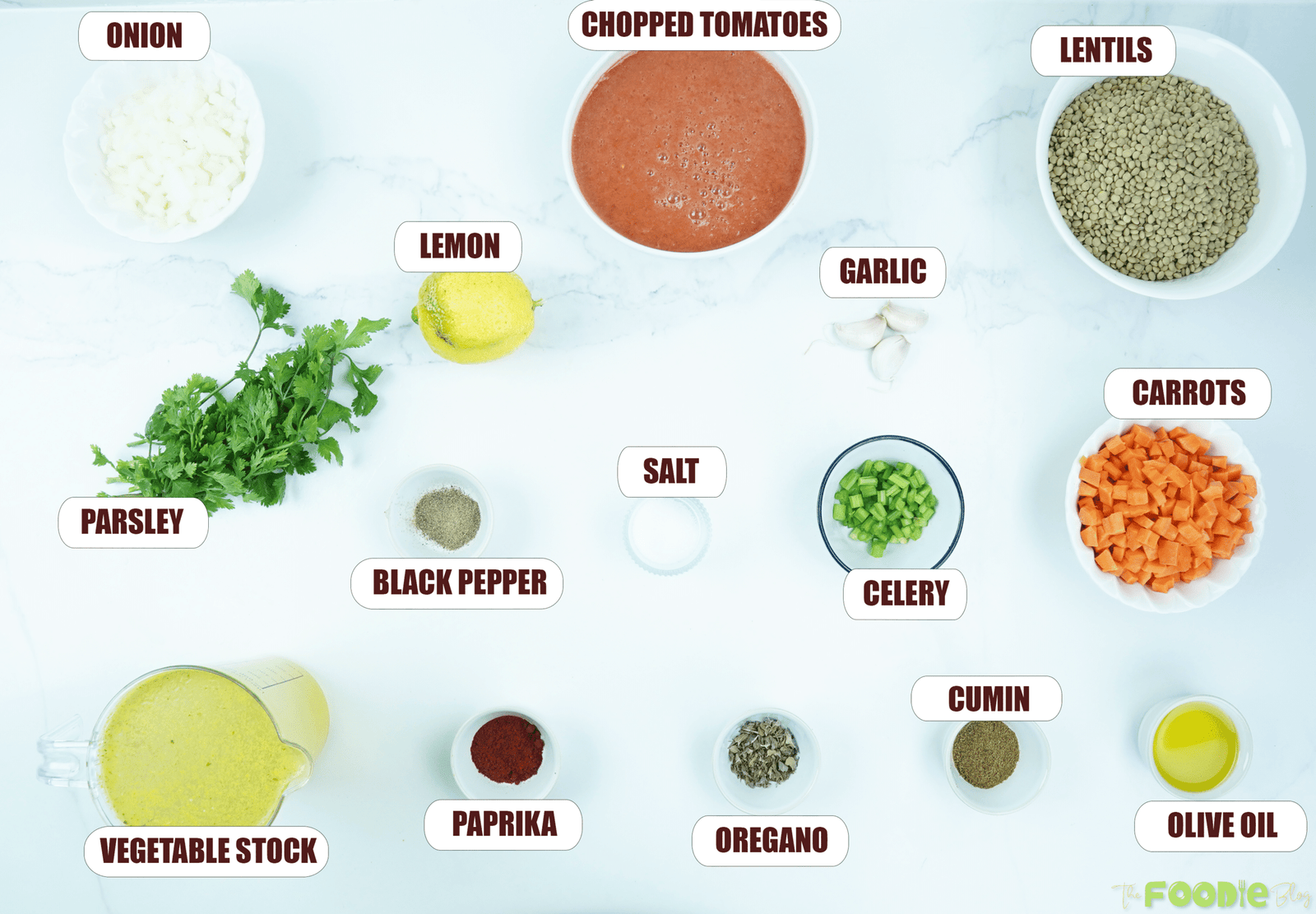Overhead view of lentils, onion, carrots, celery, tomatoes, garlic, lemon, parsley, and seasonings for lentil soup
