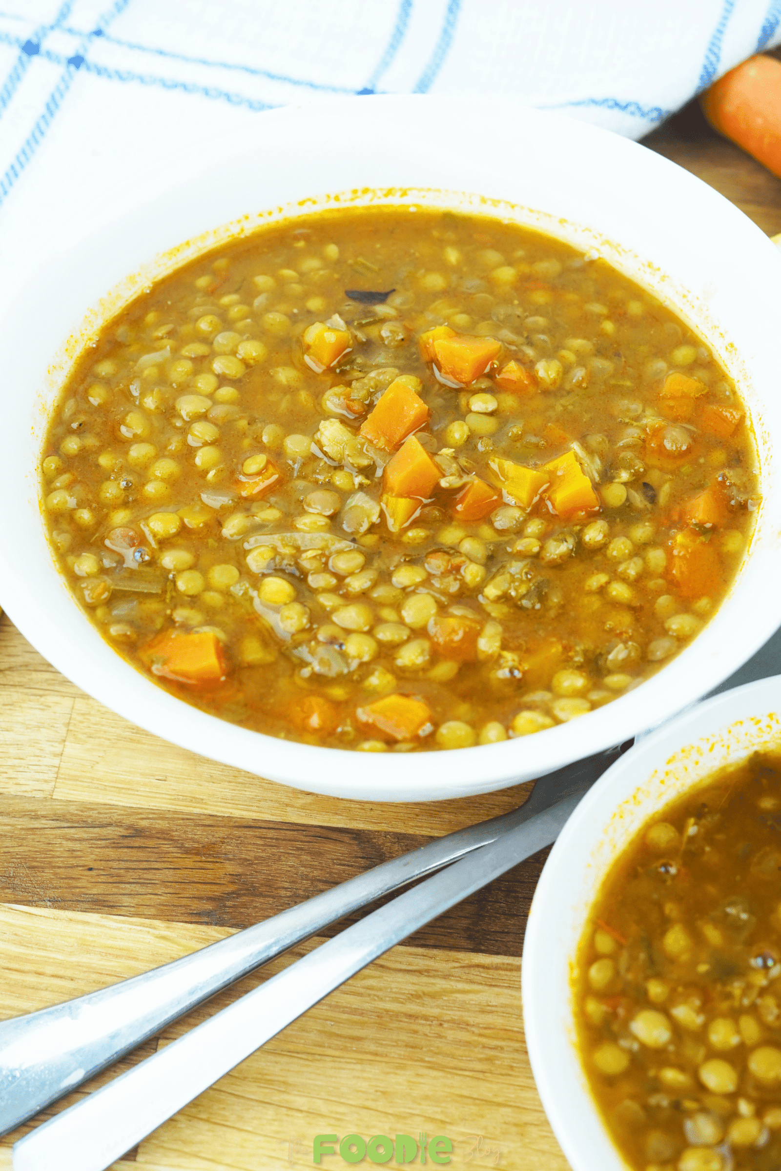 Close-up of vegan lentil soup in a white bowl with carrots, lentils, and herbs in the broth