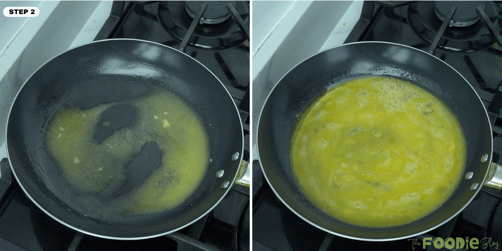 Butter melting in a skillet and whisked eggs poured in to start a French omelette