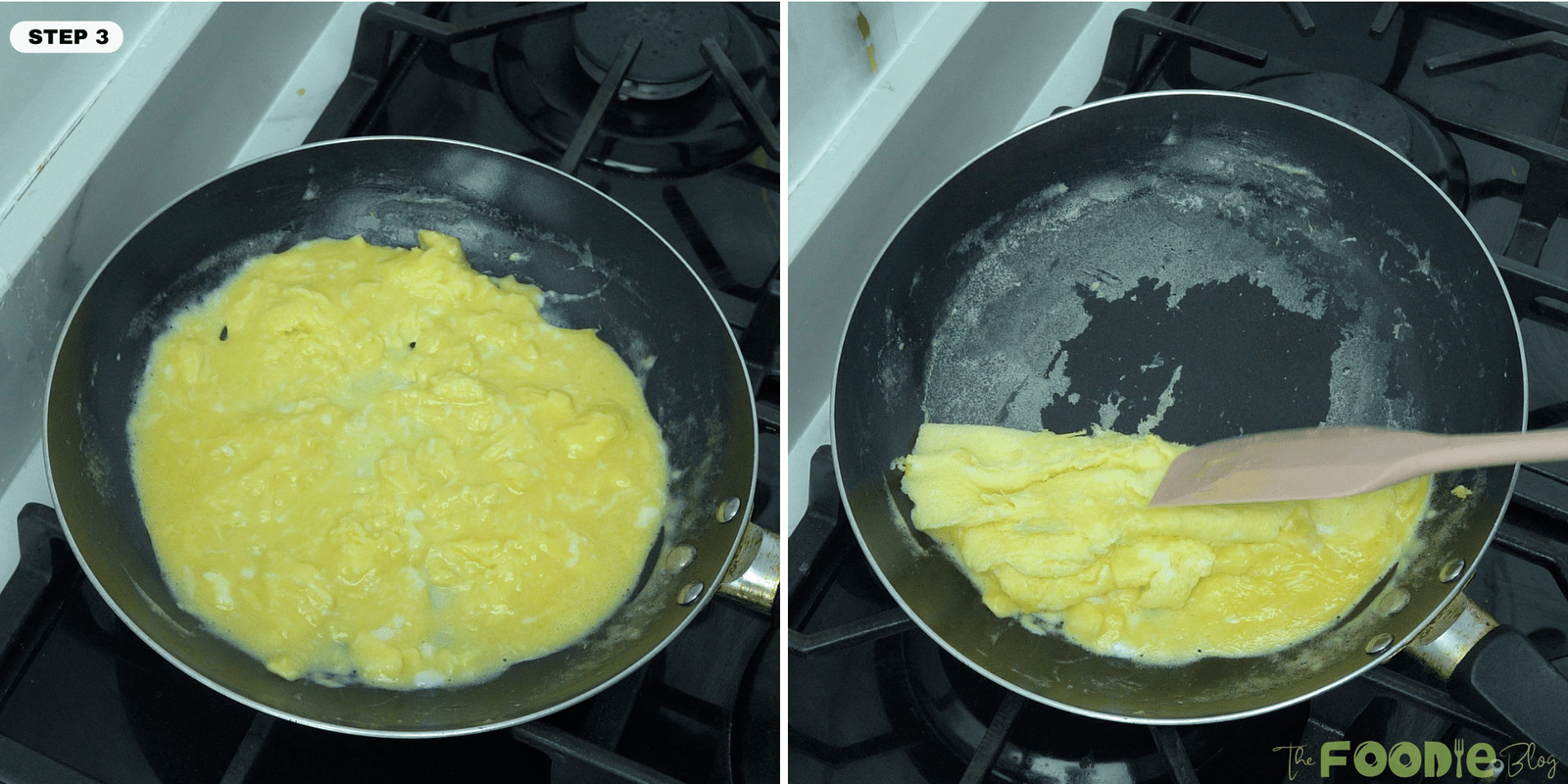 French omelette cooking in a skillet and being folded with a spatula into shape