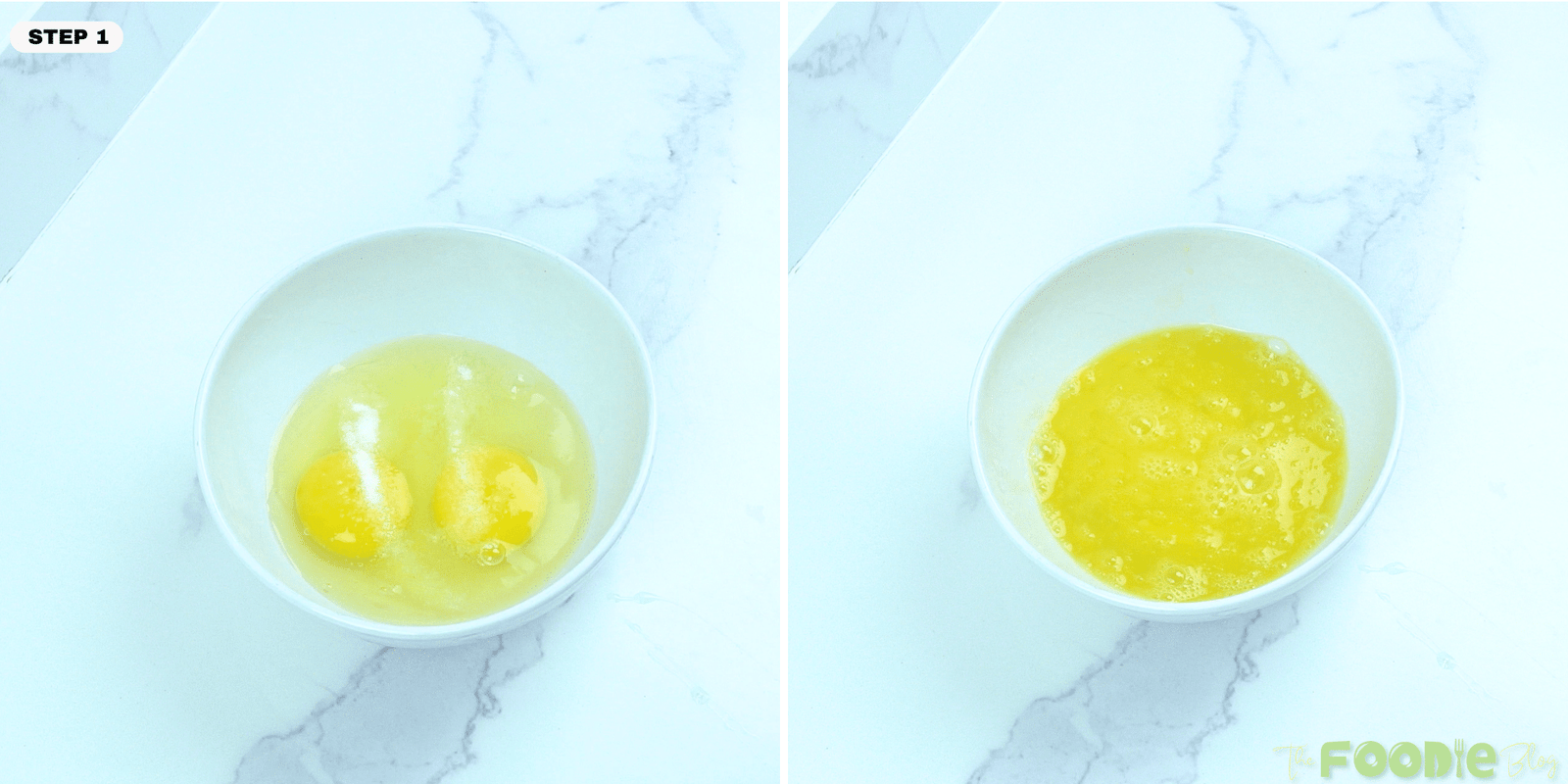 Eggs with seasoning in a bowl before and after whisking for a French omelette