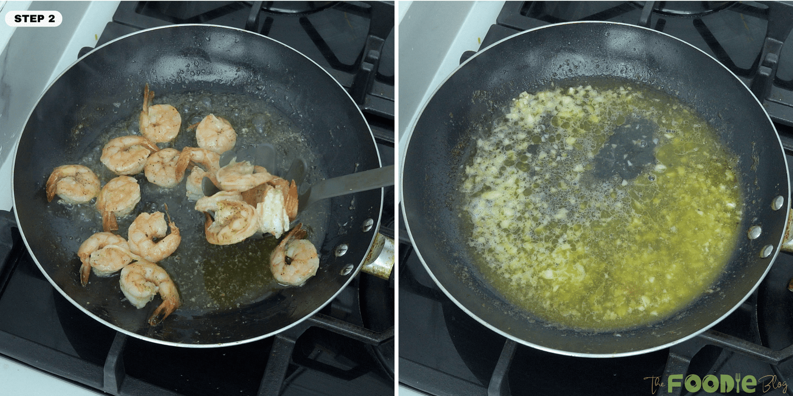 Cooked shrimp being removed from a skillet and minced garlic cooking in butter and oil