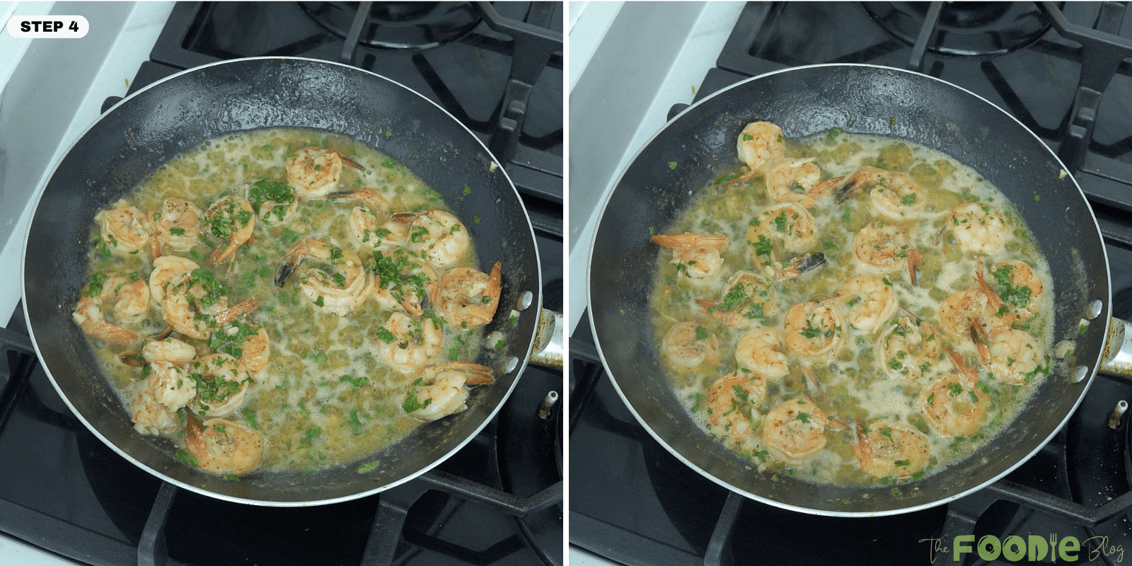 Shrimp simmering in garlic butter white wine sauce with chopped parsley added at the end