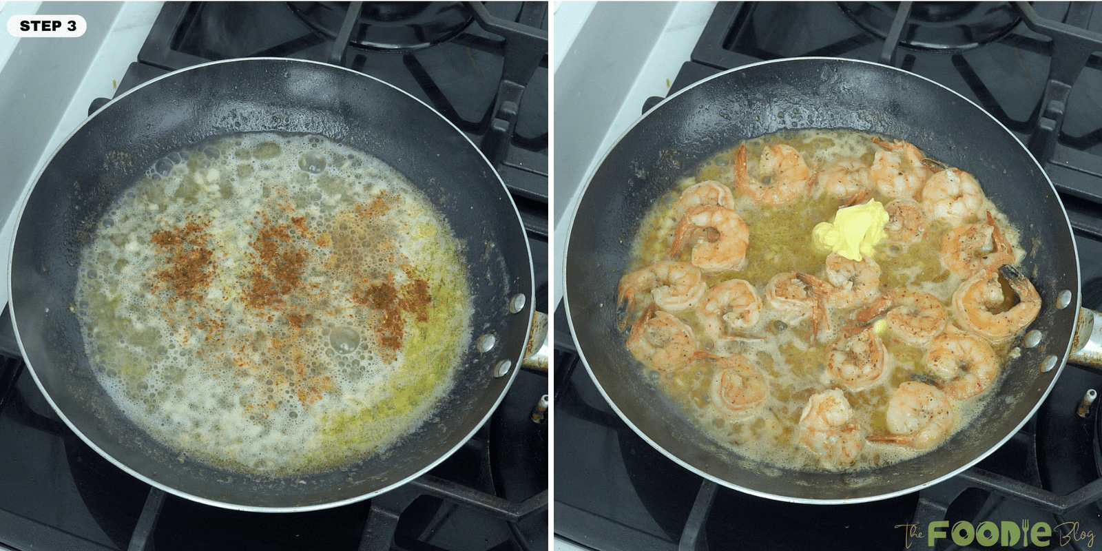 Garlic butter sauce bubbling in a skillet with chili flakes added and shrimp returned to the pan