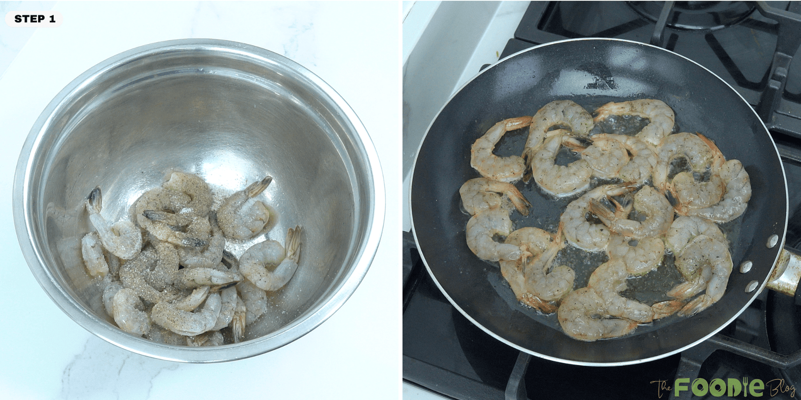 Shrimp being seasoned with salt and pepper in a bowl and beginning to cook in a skillet