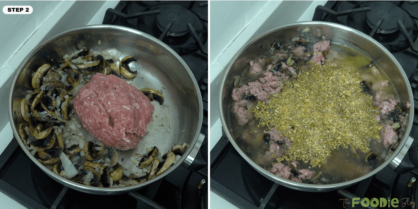 Ground turkey added to a skillet with mushrooms and onion, followed by broth and onion soup mix