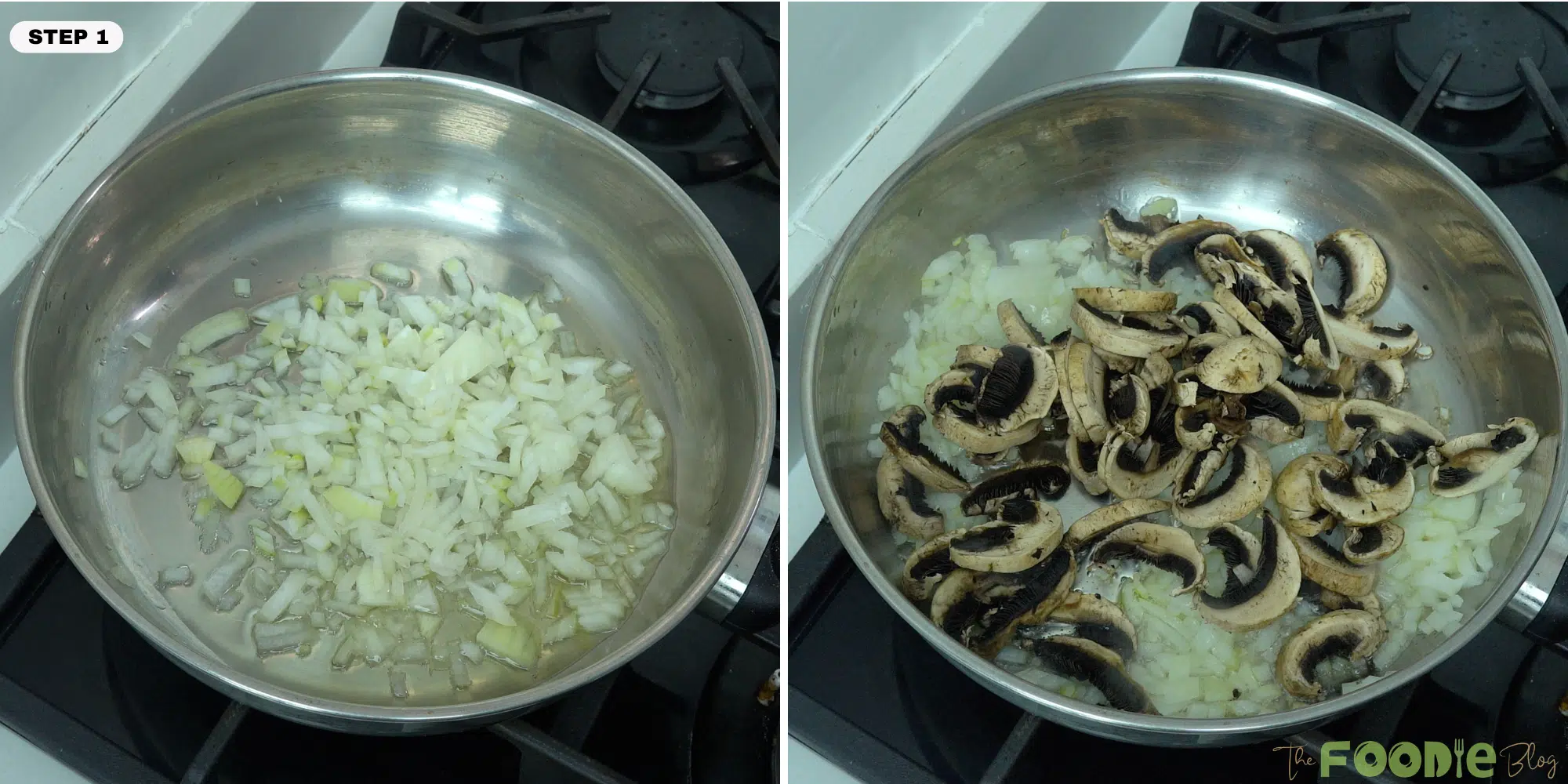 Diced onion cooking in a skillet with sliced mushrooms being added for ground turkey casserole