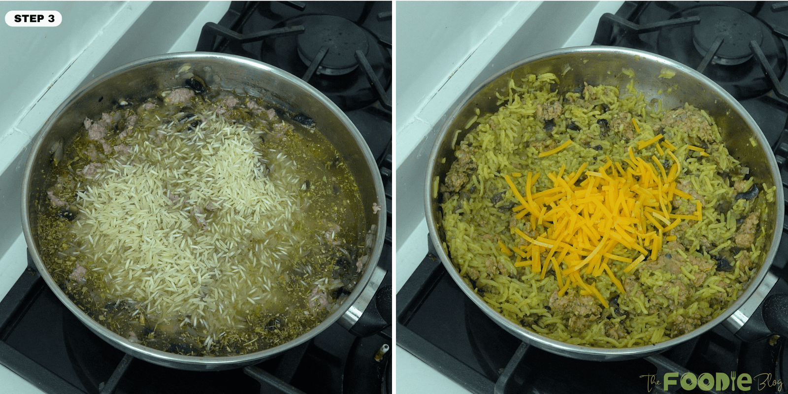 Uncooked rice added to the turkey mixture in a skillet, followed by cooked casserole topped with shredded cheese