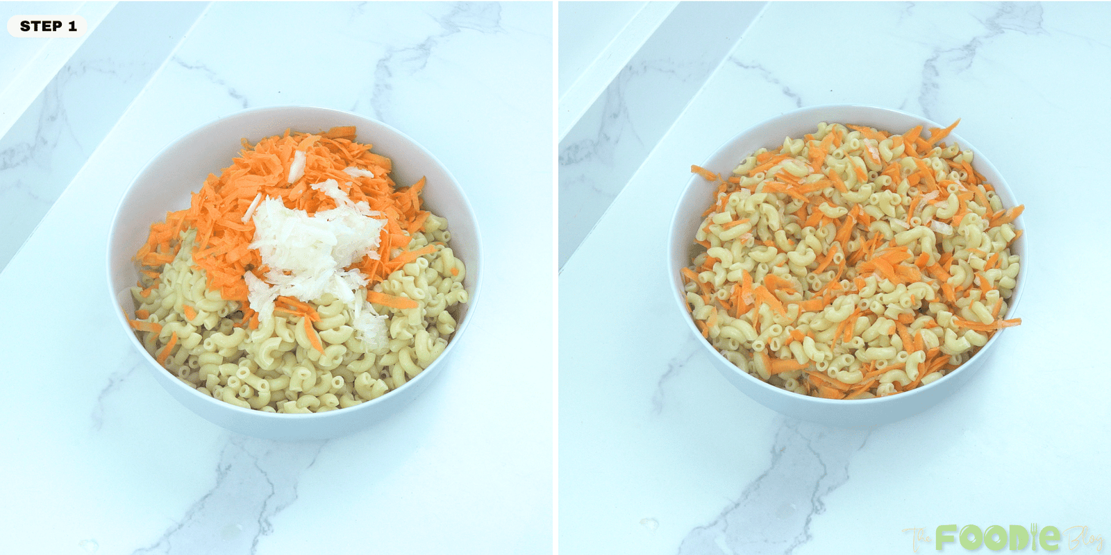 Cooked macaroni in a bowl with grated carrot and grated onion before mixing for Hawaiian macaroni salad