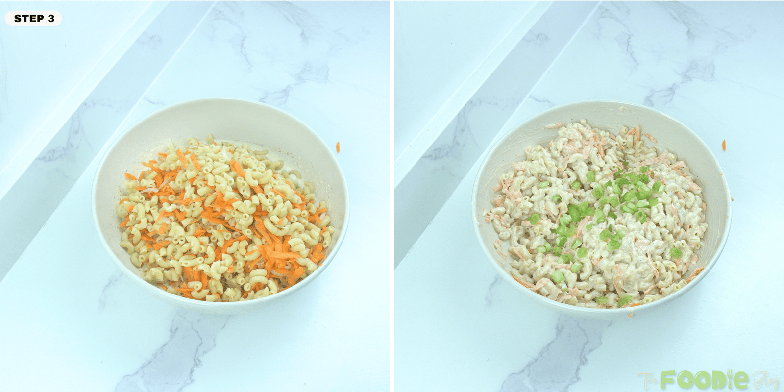 Macaroni and grated carrot being mixed with dressing, then finished with chopped green onions in a bowl
