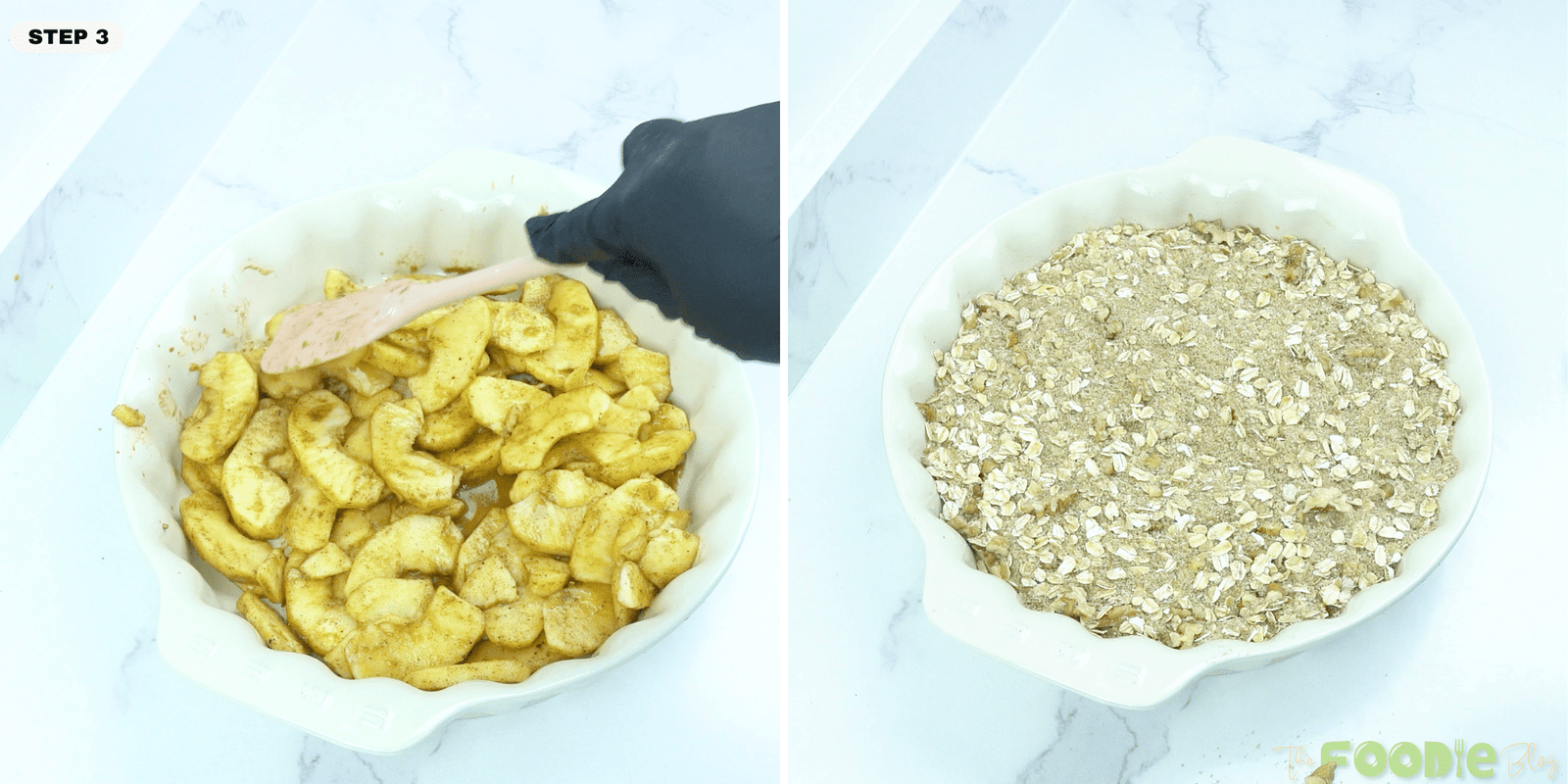 Apple filling spread in a baking dish and topped with oat crumble before baking healthy apple crisp