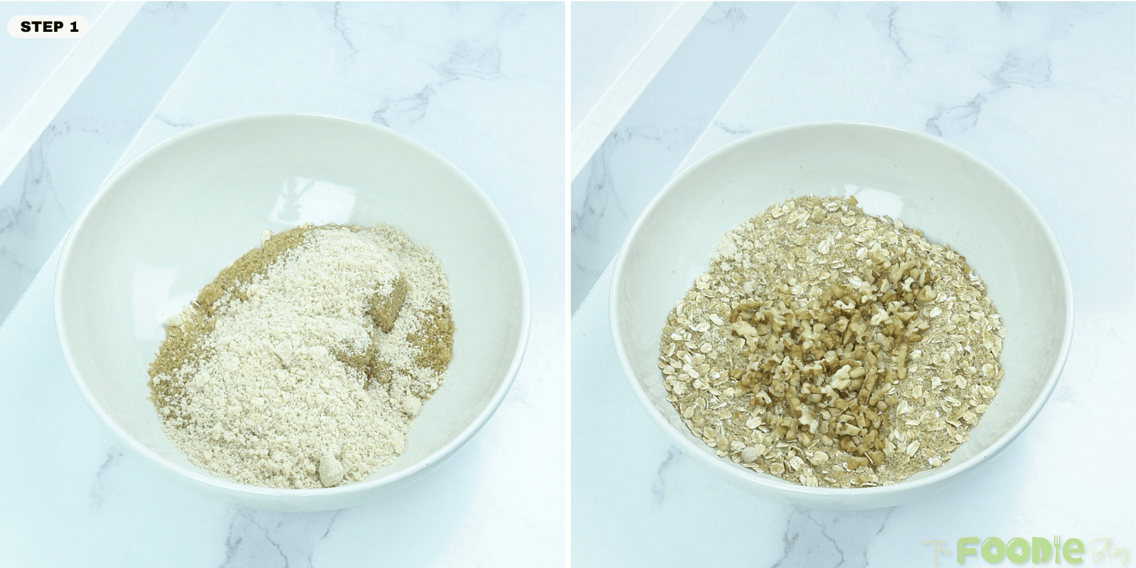Oats, almond flour, coconut sugar, and chopped walnuts being mixed together for healthy apple crisp topping