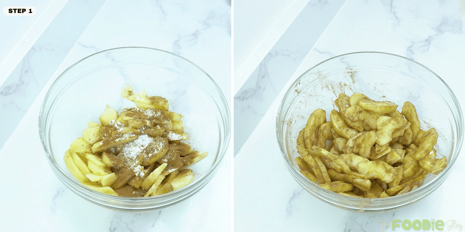 Sliced apples tossed with cinnamon, nutmeg, lemon juice, maple syrup, and arrowroot powder for healthy apple crisp