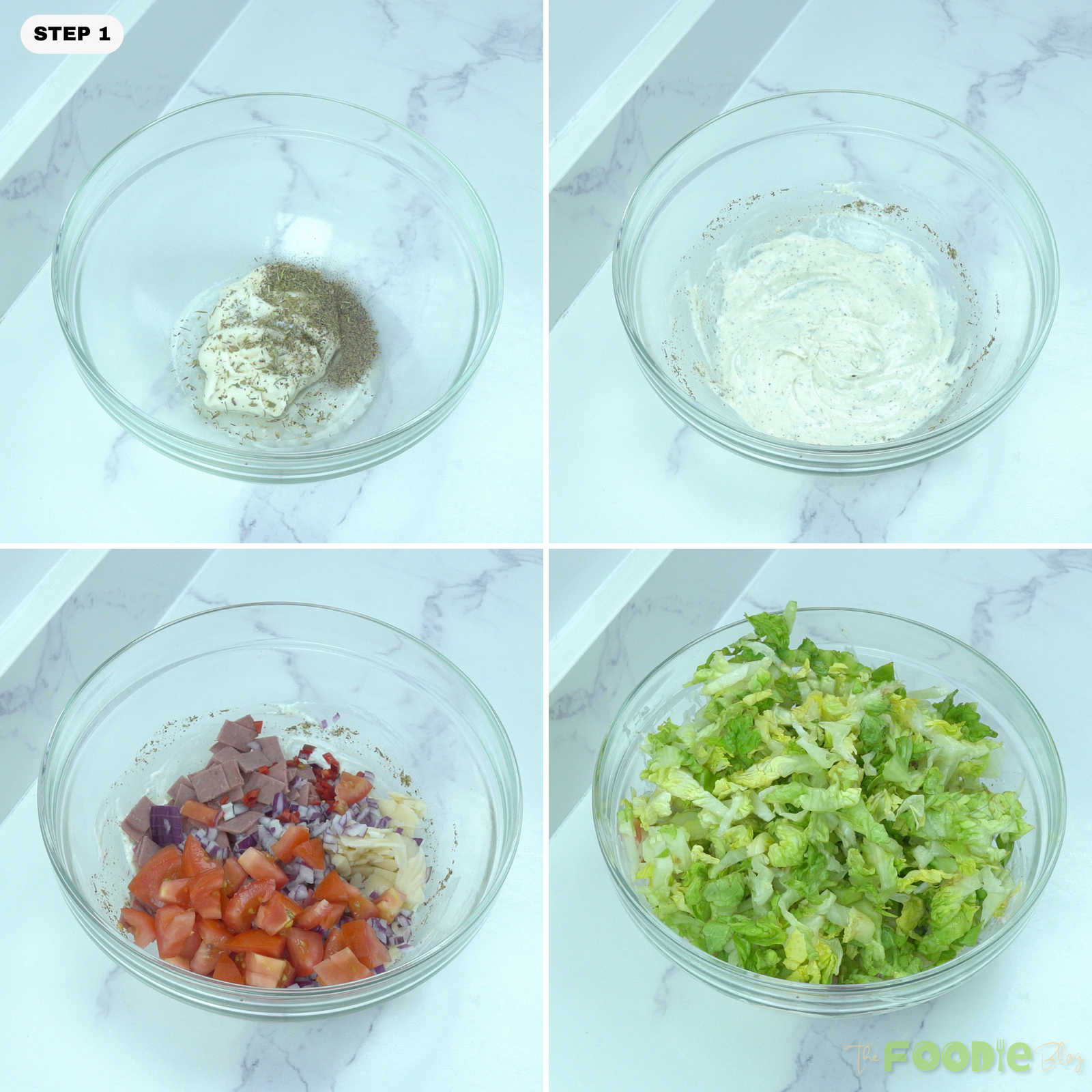 Step-by-step collage showing mayonnaise and seasonings mixed into dressing, then chopped meats, cheese, tomatoes, onion, pepperoncinis, and lettuce added to a bowl.