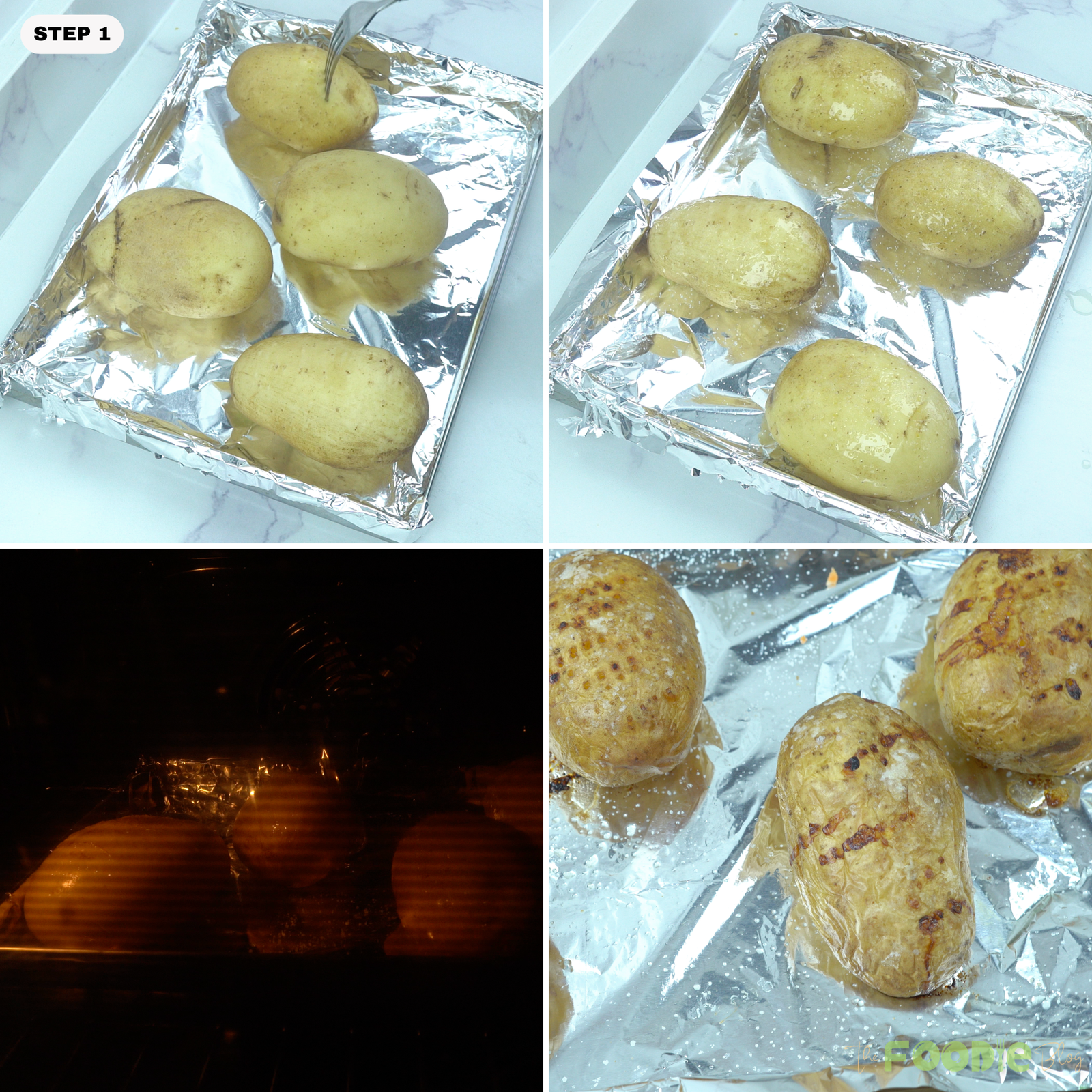 Step-by-step collage showing russet potatoes pierced with a fork, rubbed with olive oil, salted, and baked on a foil-lined tray.