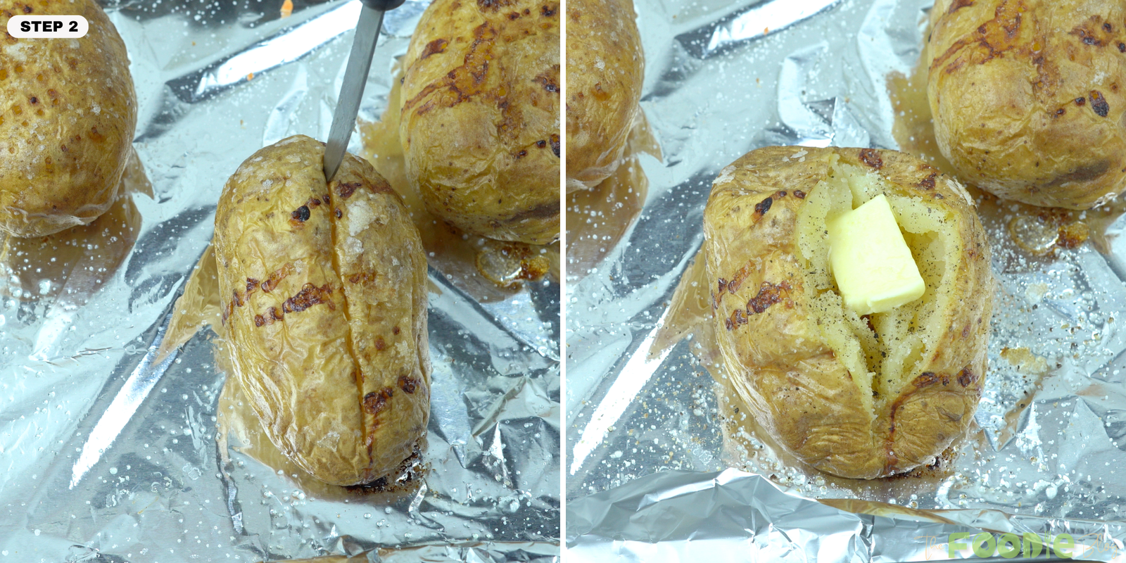 Step-by-step collage showing a baked potato sliced open and topped with butter, salt, and black pepper.