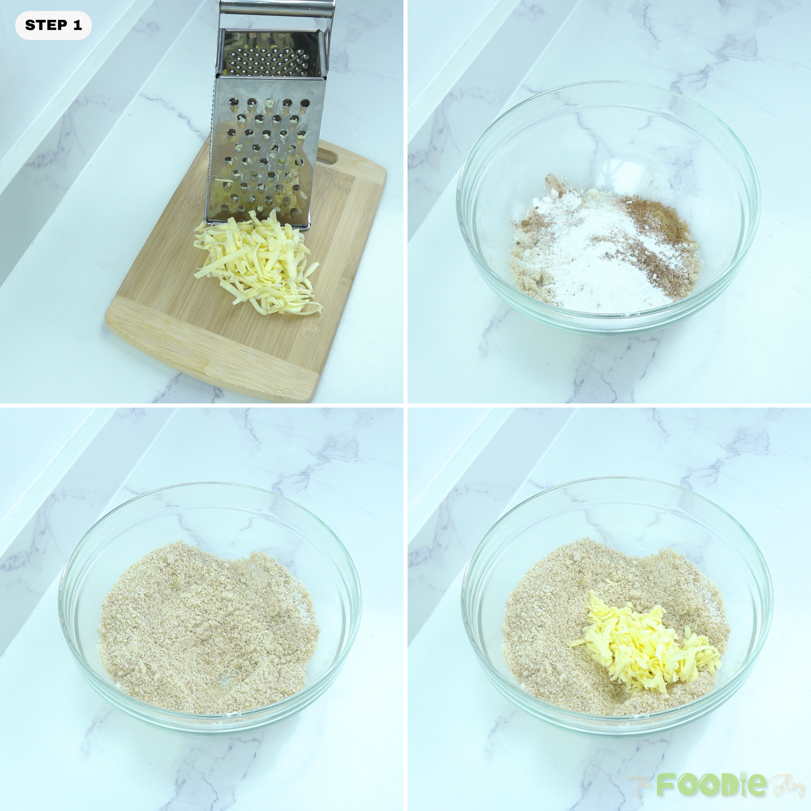 Step-by-step collage showing frozen butter being grated and dry ingredients mixed in a glass bowl for keto apple scones.